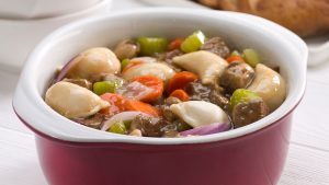 Rich Perogy Stew with Beef Carrots Onions Celery and more. Perogy Favorites.