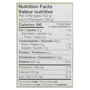 nutritional info, best bacon perogies. p[otato, cheddar, bacon, green onion perogies from CHEEMO perogies. frozen perogies, perogy recipes, perogy meal suggestions, preparation of perogies