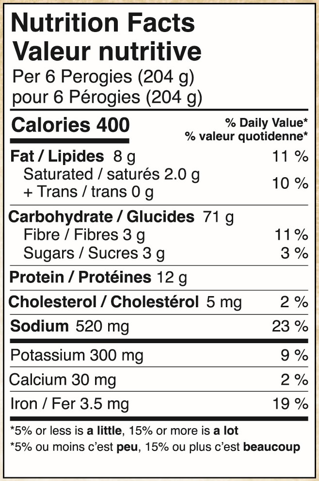 Cheemo Heritage Perogies Potato Cream Cheese Dill Nutritional