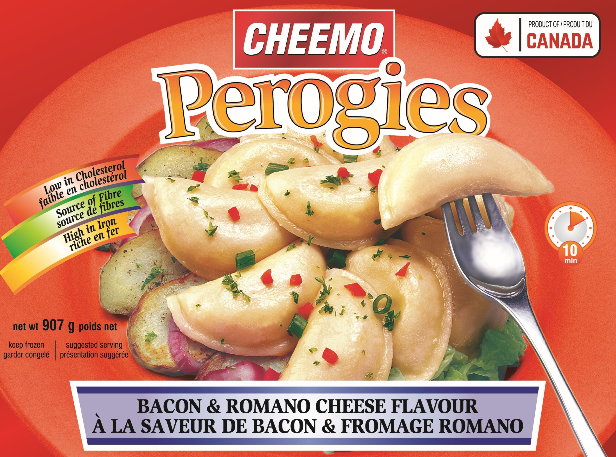 Cheemo 90702 907g Potato Bacon Romano Carton. Delicious Perogies. Best Perogies On The Barbeque. BBQ Perogies.
